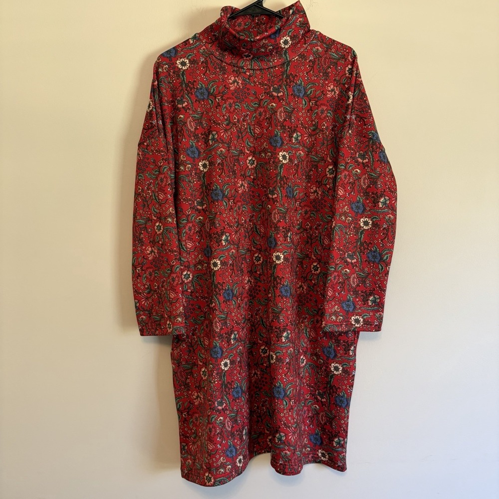 Smith & Quinn Red Multicolor Floral Fleece Lined Tunic Dress Medium Pockets Mock